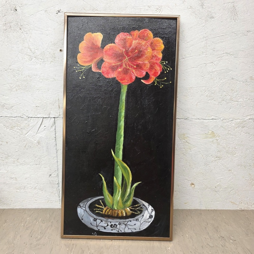 Vtg‎ Original Amaryllis Acrylic Painting Canvas Panel Framed 10x20 Moody Floral